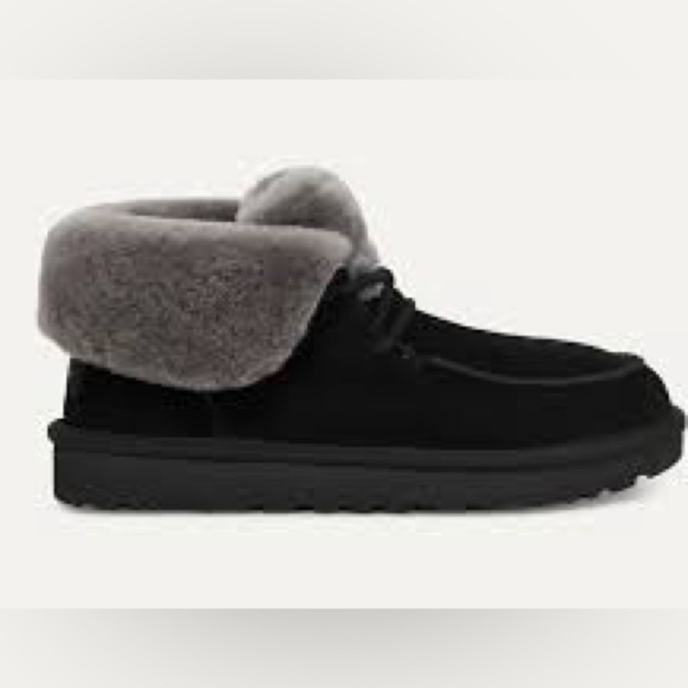 UGG Black and Gray Moccasin Slippers with Plush Collar
